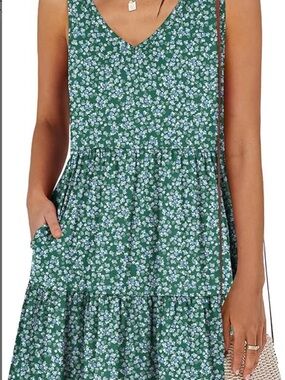 Green Floral V-Neck Sleeveless Summer Dress